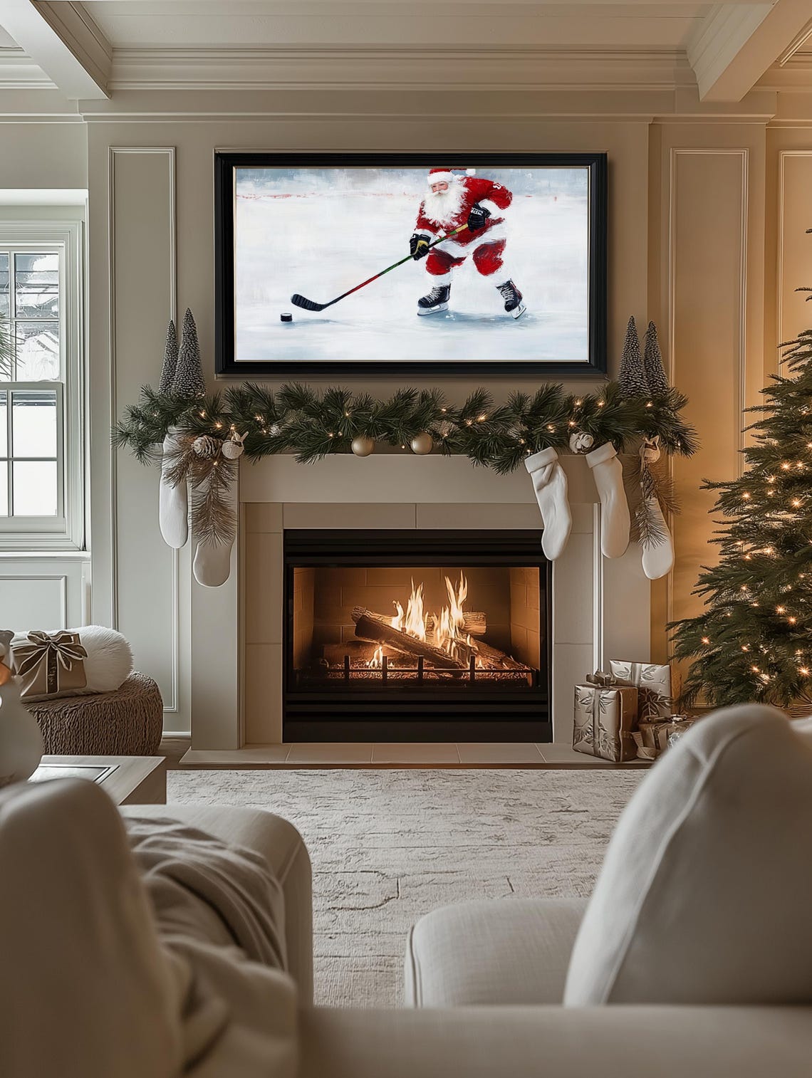 Christmas Frame Tv Art Oil Painting Of Santa Playing Hockey Frame Tv Christmas Art Holidays Frame Tv Art Classic Santa Art - Image 2