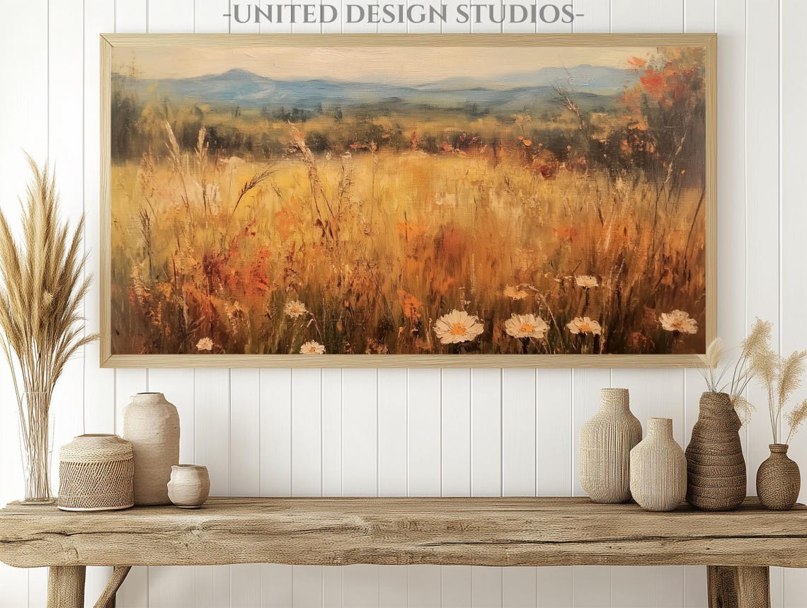 Golden Autumn Meadow Daisies Mountain Valley Fall Landscape Poster - Image 2