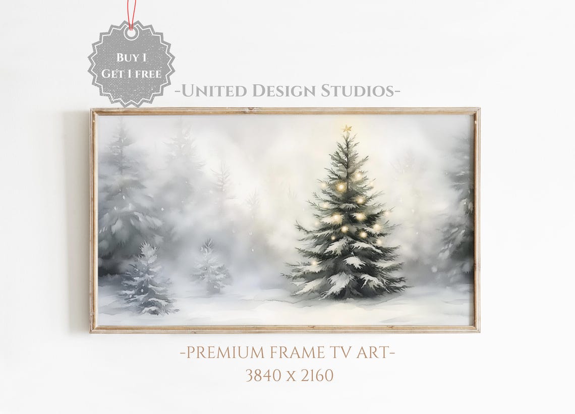 Neutral Christmas Tree Snow Forest Glowing Lights Winter Wall Art