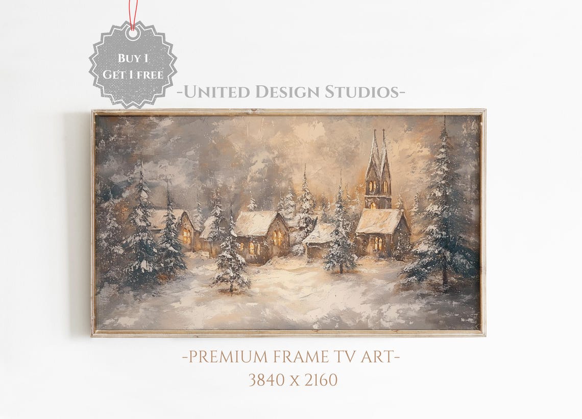 Frame Tv Winter Art Oil Painting Of Winter Christmas Town Frame Tv Art Classic Christmas Village Tv Art Christmas Frame Tv Art