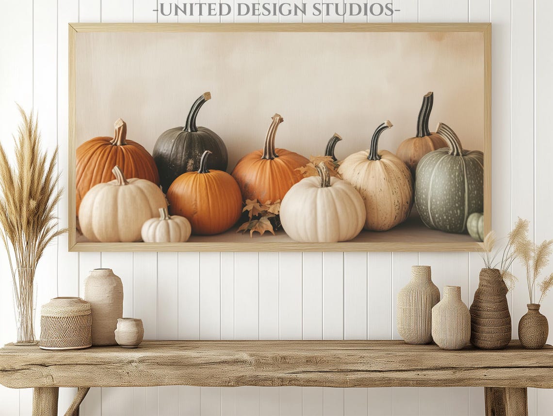 Neutral Pumpkins Still Life White Orange Green Fall Harvest Poster - Image 2
