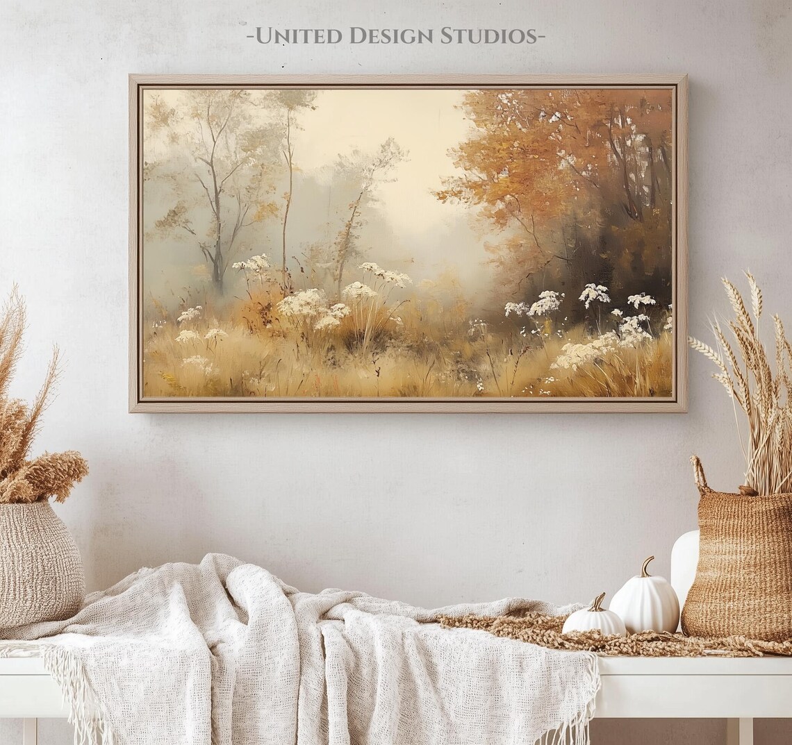 Misty Autumn Forest White Wildflowers Warm Amber Painting Poster - Image 4