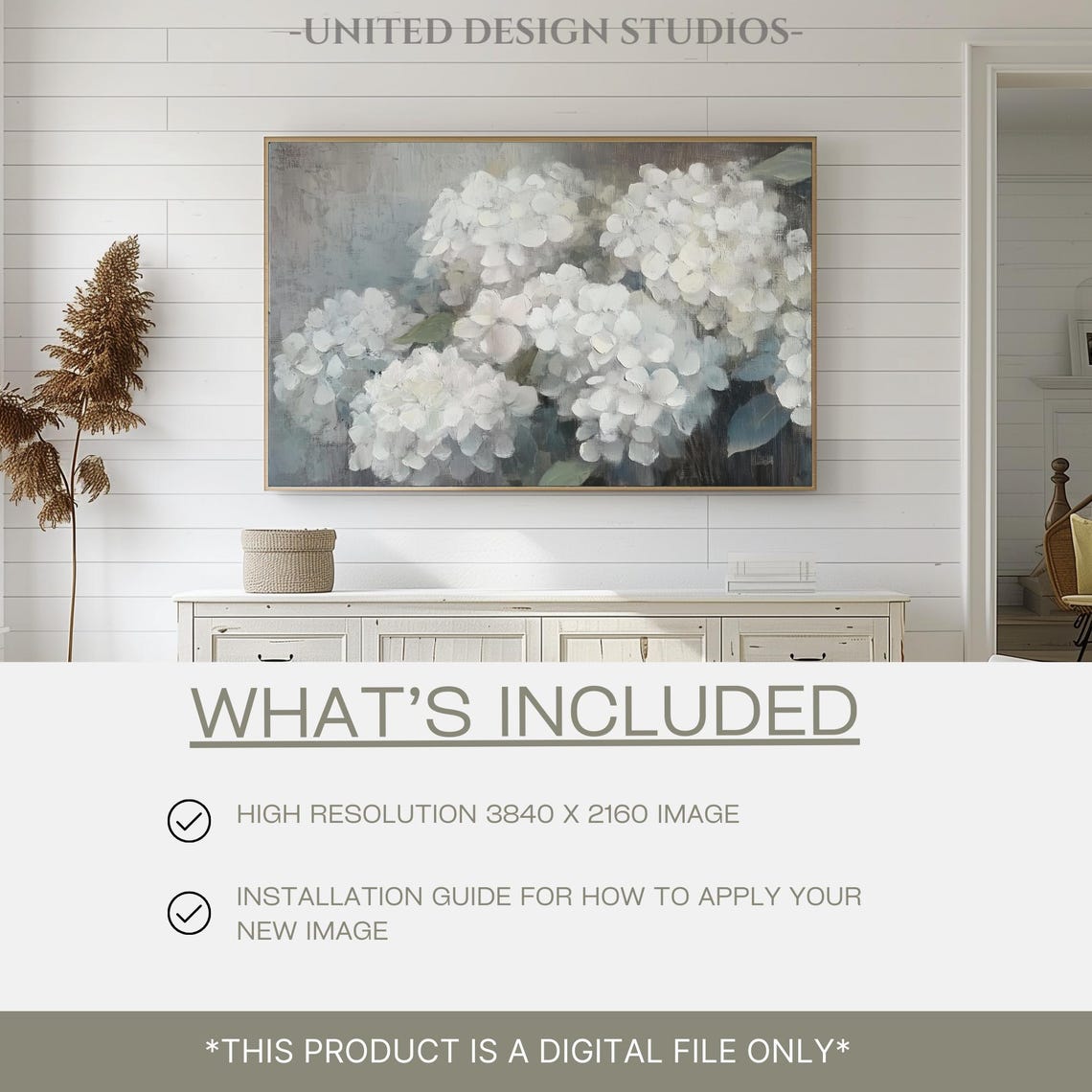 White Hydrangea Blooms Soft Neutral Botanical Oil Painting Poster - Image 2