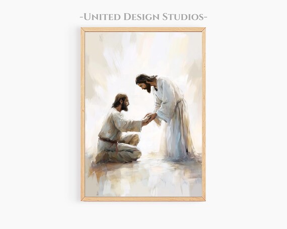 Jesus Reaching To Kneeling Man Healing Touch Soft Watercolor Faith Poster