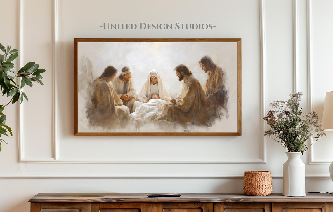 Holy Family Adoration Baby Jesus Soft Neutral Nativity Art Poster - Image 3