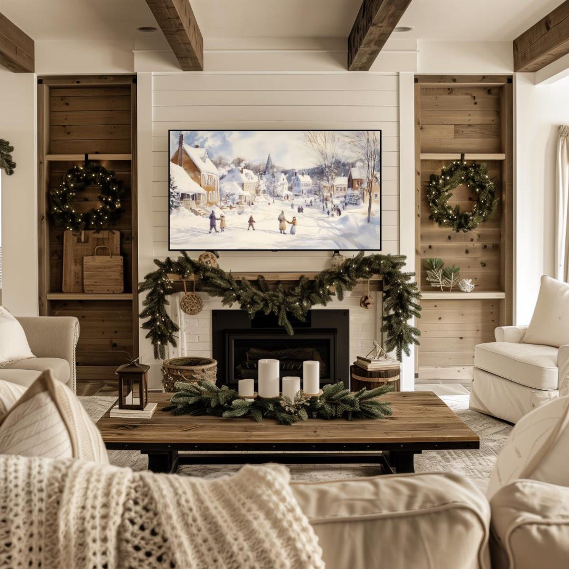Frame Tv Winter Art Neutral Winter Town Watercolor Painting Frame Tv Winter Village Christmas Frame Tv Art Farmhouse Winter Frame Tv Art - Image 4
