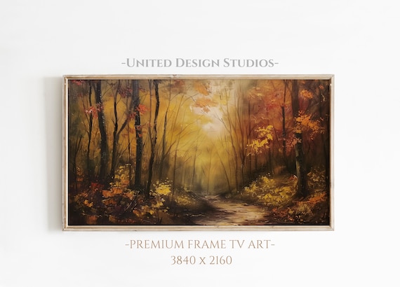 Frame Tv Art Painting Of A Fall Forest At Dusk Moody Fall Forest Path Warm Autumn Oil Painting For The Frame Tv