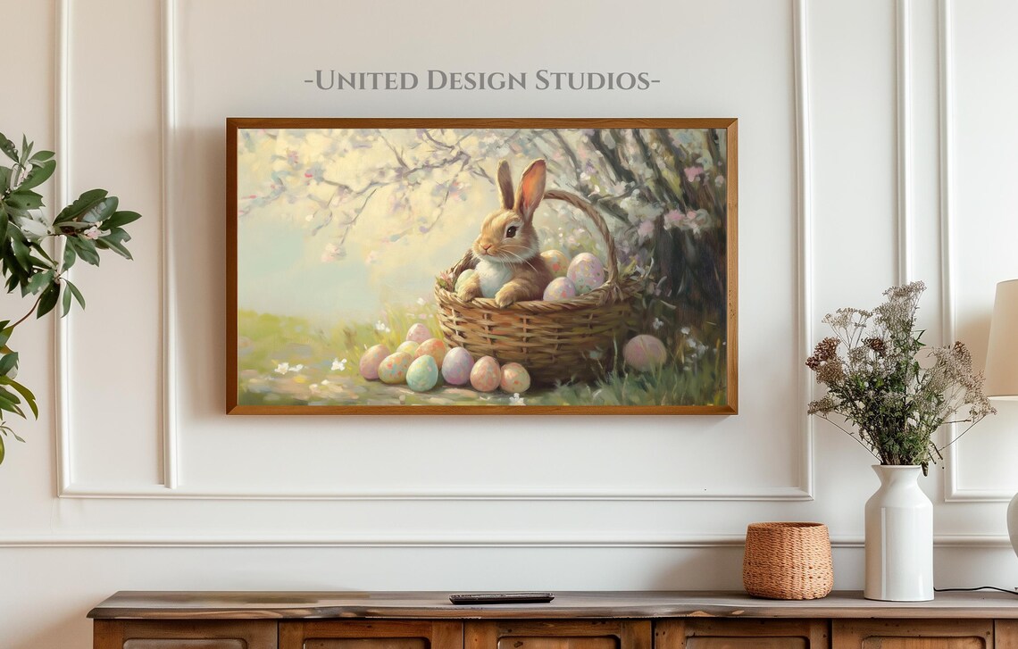 Easter Bunny In Basket With Easter Eggs, Floral - Image 4