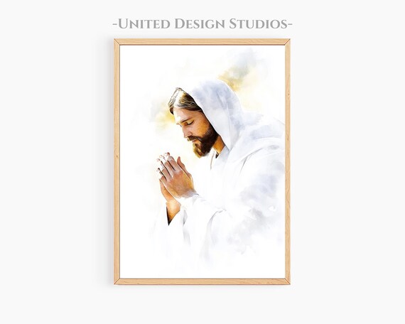 Hooded Jesus Praying White Robe Watercolor Reverent Christian Art Poster