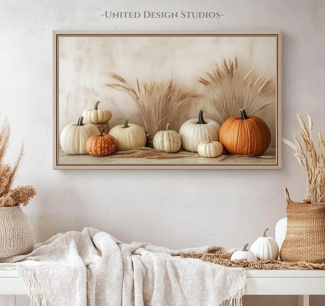White Orange Pumpkins Wheat Neutral Fall Farmhouse Art Print - Image 4
