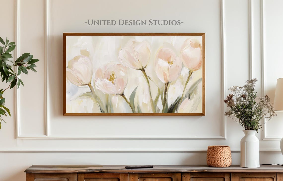 Blush White Tulips Delicate Spring Flower Painting Frame TV Art Poster - Image 3