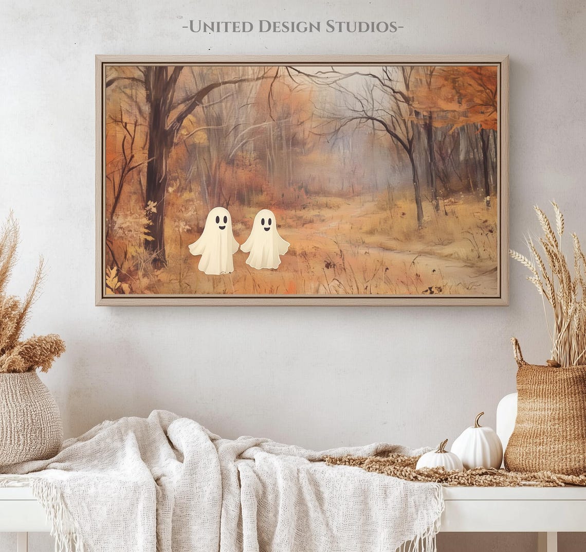 Cute Ghosts Autumn Forest Fall Leaves Halloween Fun Art Poster - Image 4