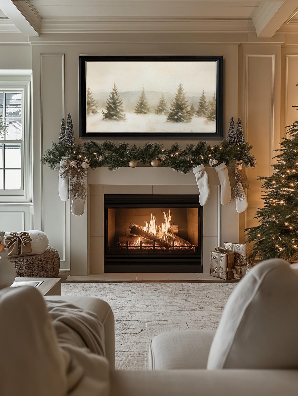 Snowy Evergreen Trees Winter Forest Neutral Landscape Wall Art - Image 3