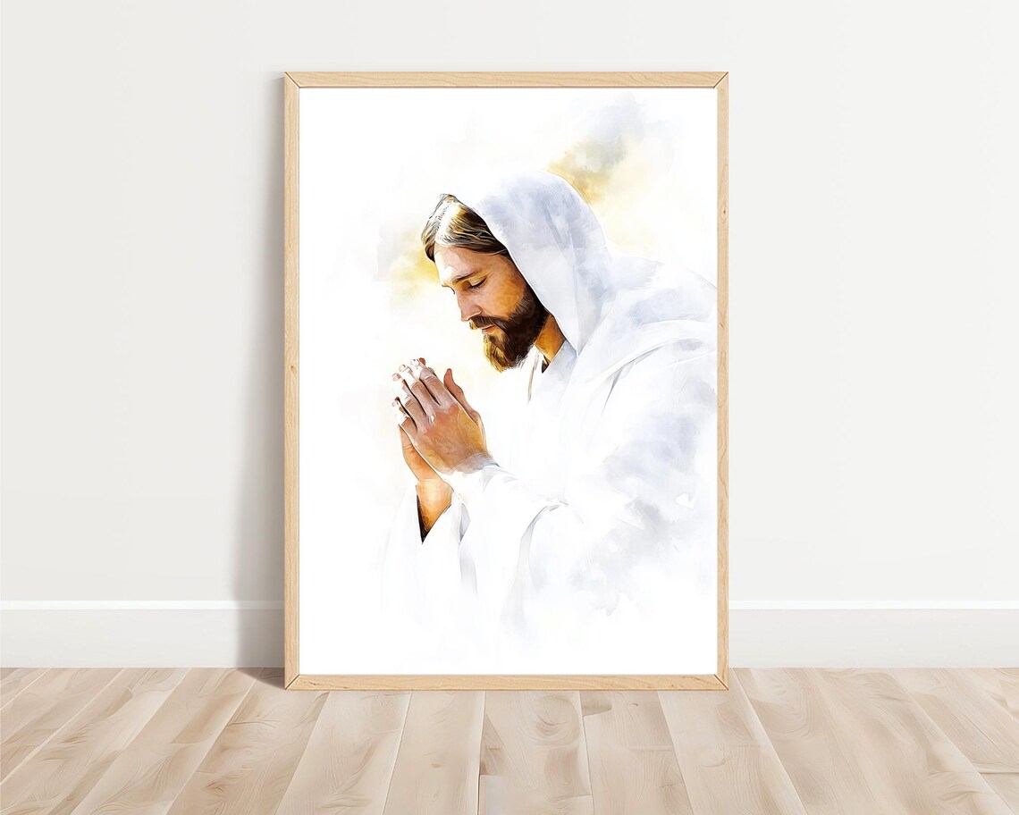 Hooded Jesus Praying White Robe Watercolor Reverent Christian Art Poster - Image 3