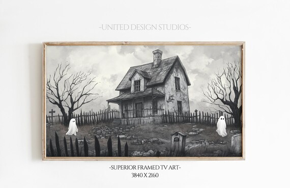Haunted House Ghosts Gray Spooky Halloween Vintage Style Poster