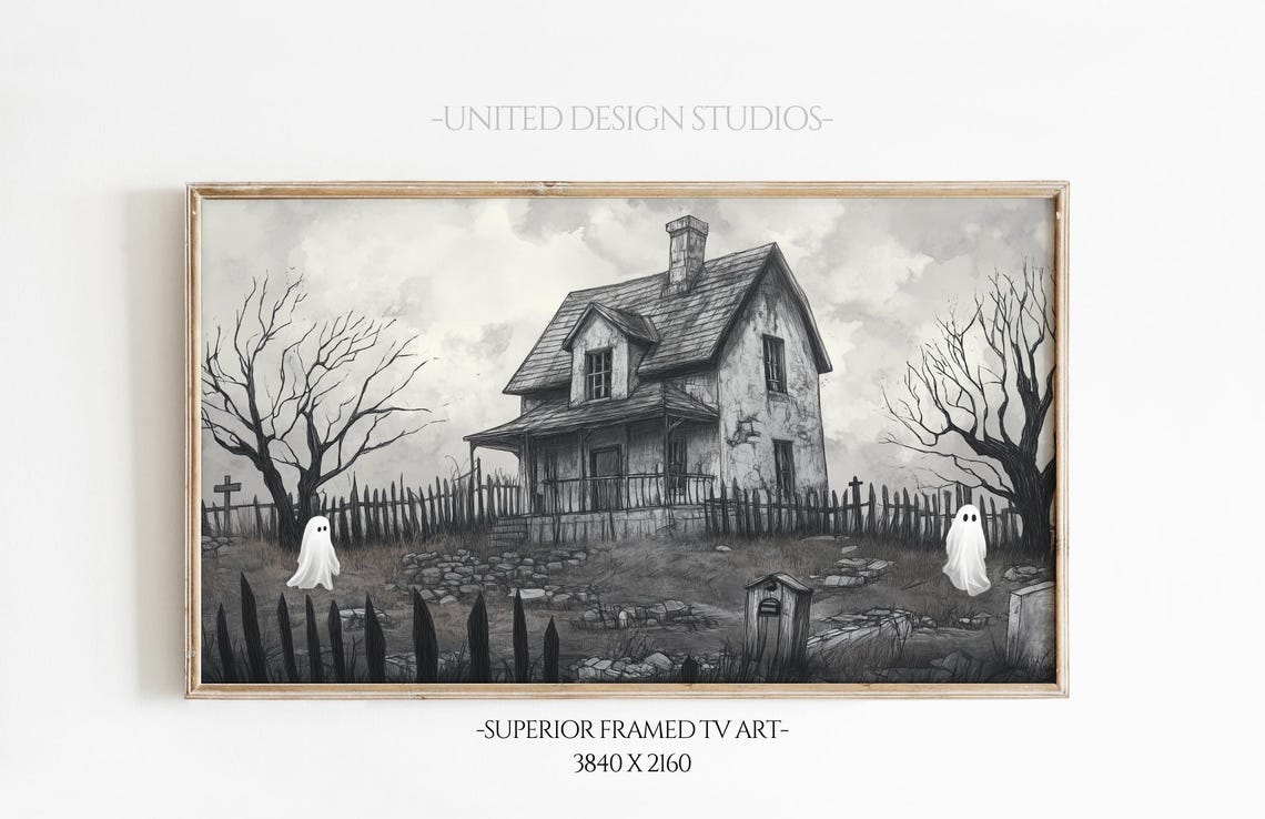 Haunted House Ghosts Gray Spooky Halloween Vintage Style Poster