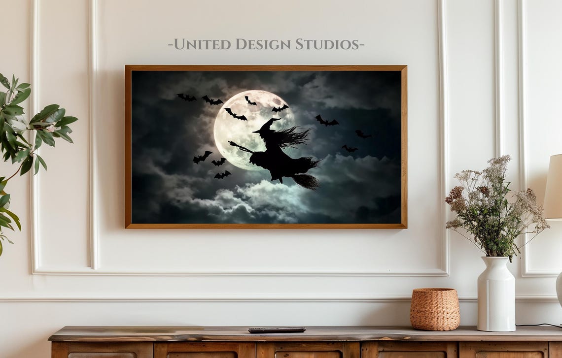 Witch Flying Full Moon Bats Night Sky Spooky Halloween Wall Art - Image 3