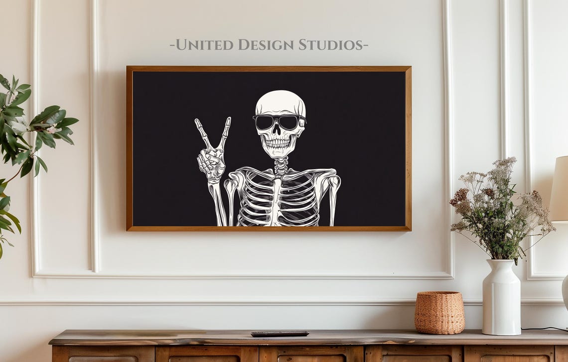 Funny Skeleton Sunglasses Peace Sign Black Halloween Modern Poster - Image 3