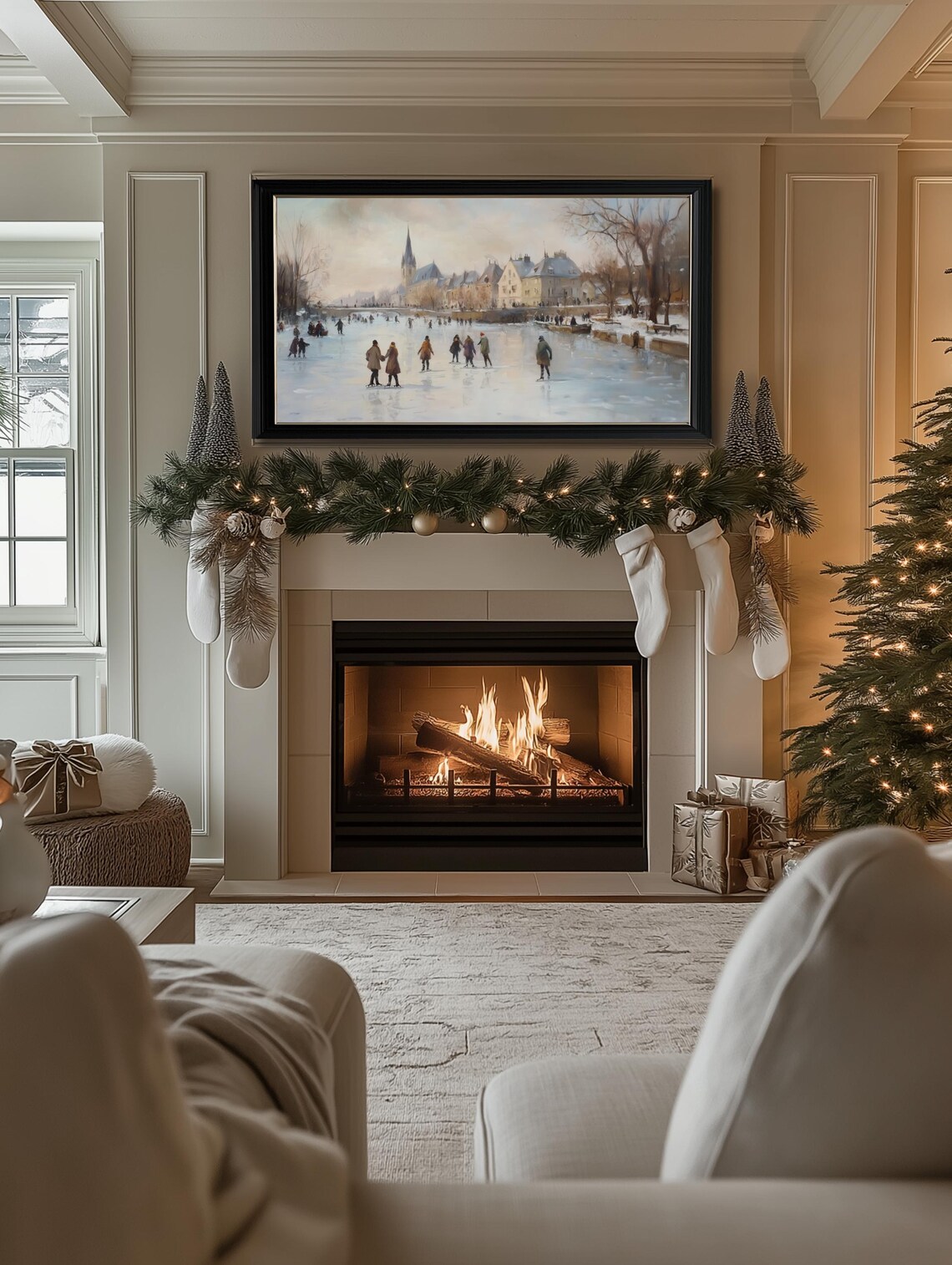 Christmas Ice Skater Village Winter Landscape Art Print - Image 2
