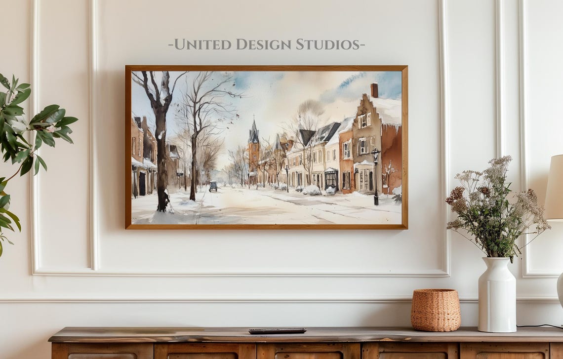 Frame Tv Winter Art Watercolor Painting Of Snowy Winter Town Frame Tv Art Christmas Frame Tv Art Farmhouse Winter Tv Art - Image 3