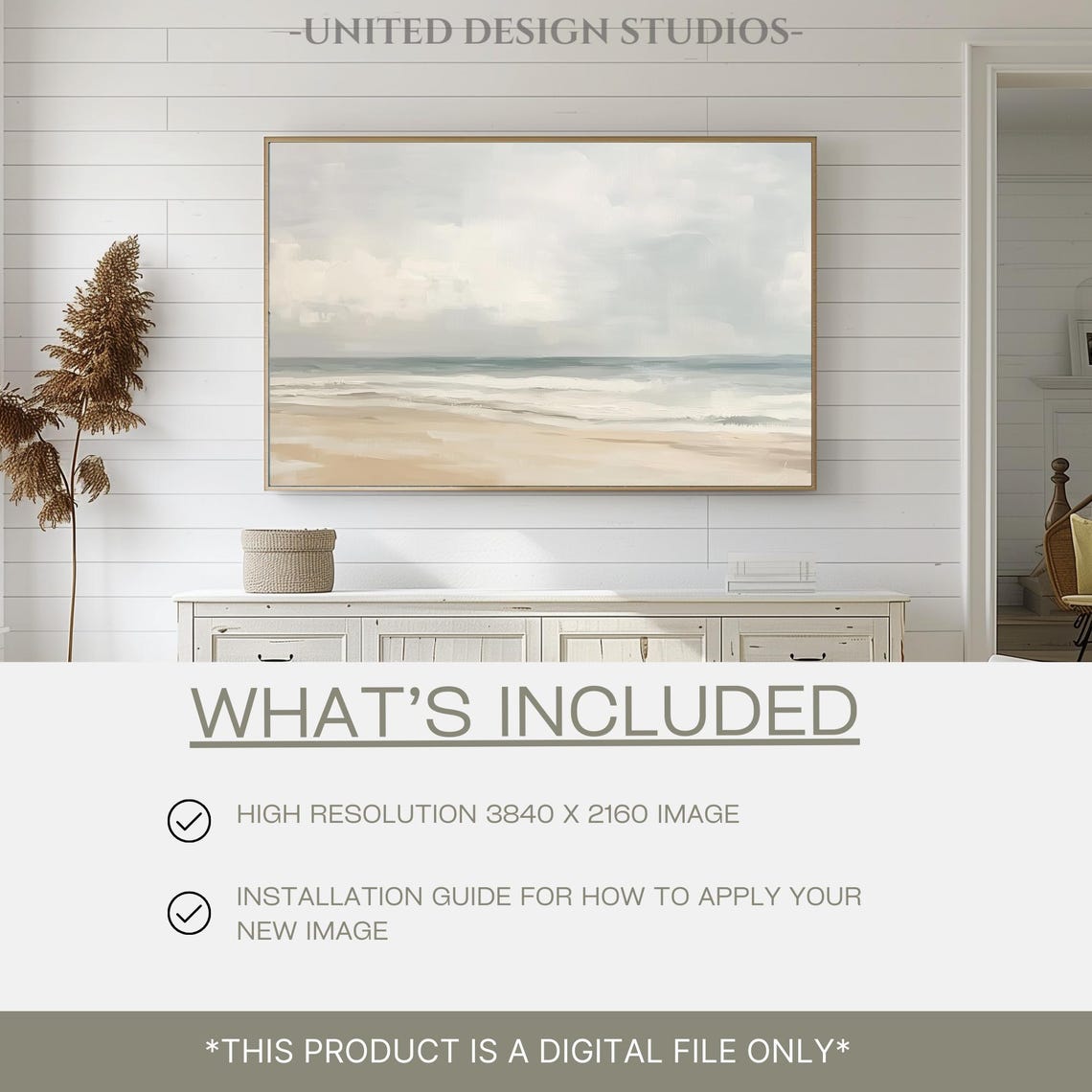 Serene Neutral Seascape Beach Painting Soft Ocean Waves Sky Poster - Image 2