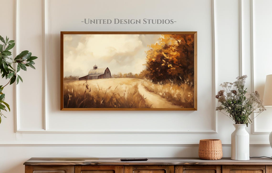 Old Barn Golden Wheat Field Autumn Farm Landscape Painting Poster - Image 3
