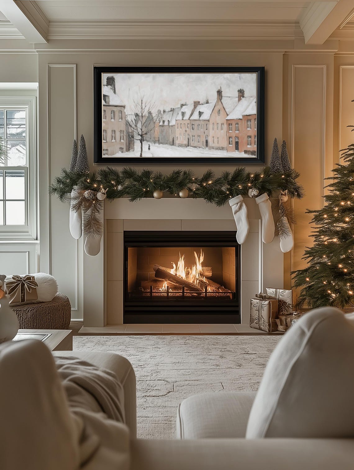 Winter Frame Tv Art Neutral Oil Painting Of Winter Christmas Village Frame Tv Art Farmhouse Winter Christmas Tv Art Holiday Frame Tv Art - Image 2