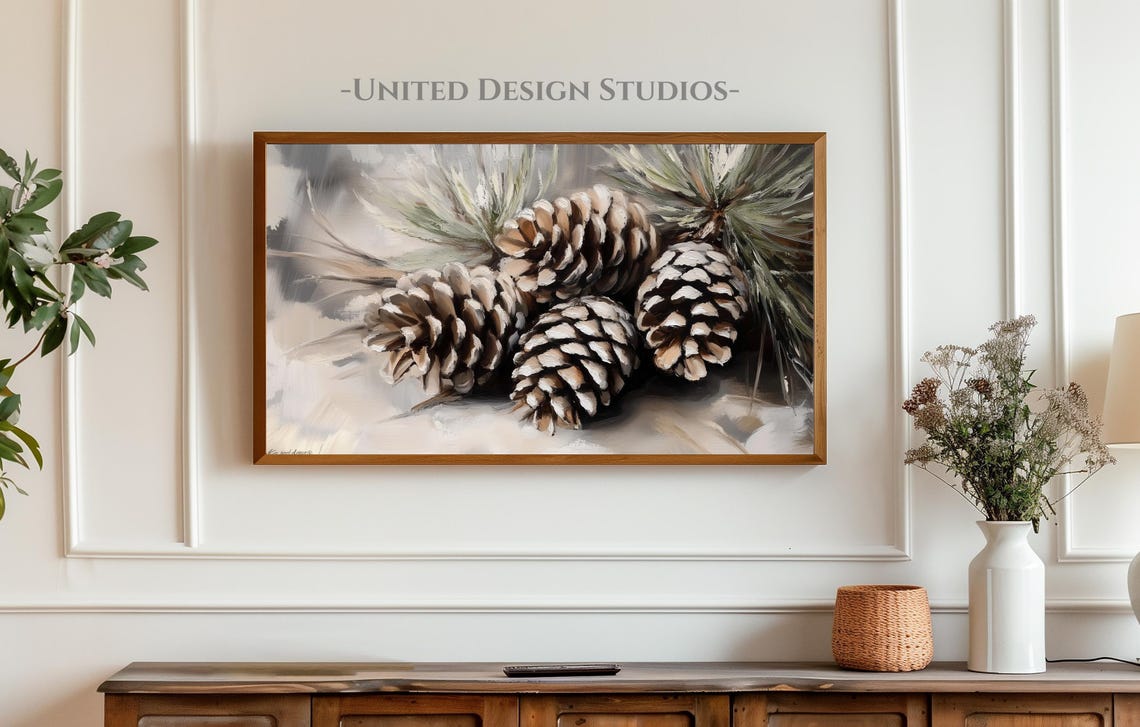 Pinecones Pine Branches Soft Gray Winter Still Life Painting Poster - Image 3