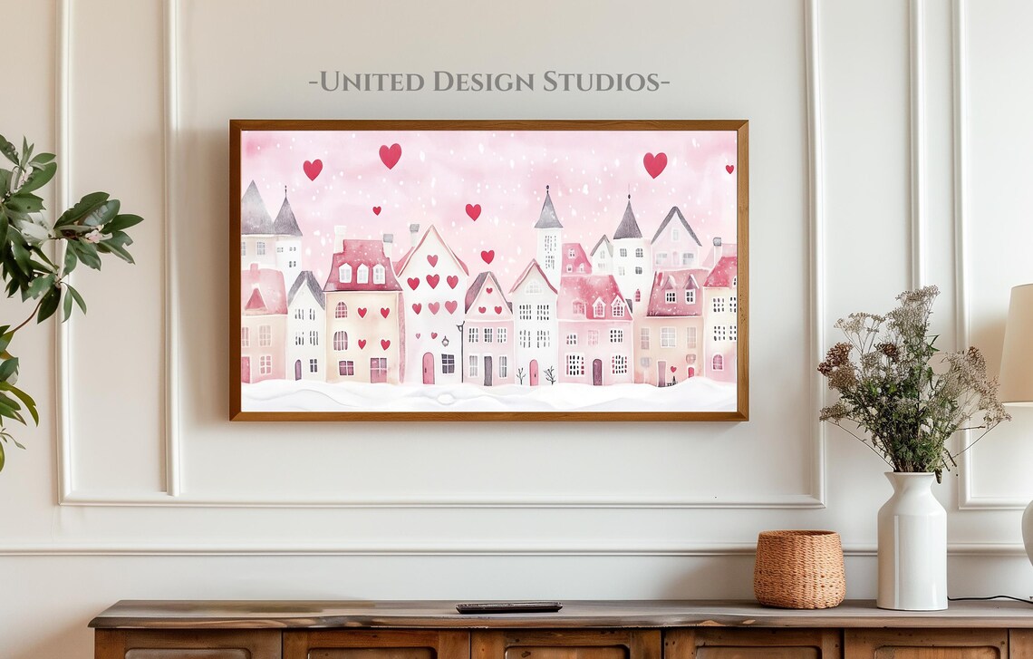 Pink Valentine Village Painting Hearts Romantic Watercolor Wall Art - Image 4