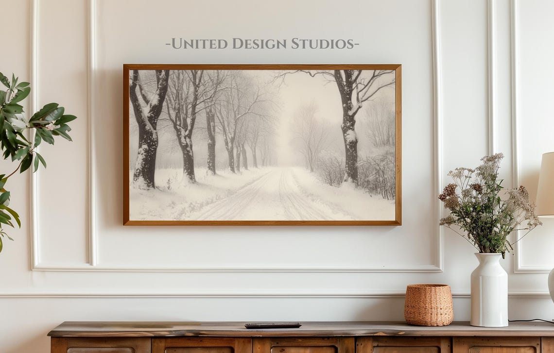 Frame Tv Winter Art Neutral Winter Painting Of Snowy Country Road Frame Tv Art Farmhouse Frame Tv Winter Art Holiday Frame Tv Art - Image 3