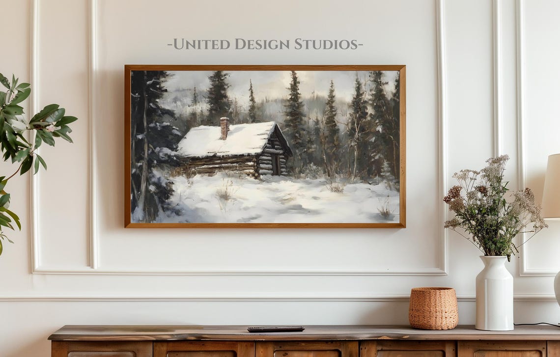 Moody Snowy Log Cabin Forest Winter Painting Farmhouse Art Print - Image 3