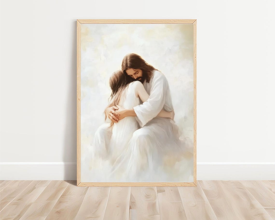 Jesus Comforting Woman Embrace White Christian Faith Wall Poster - Image 3