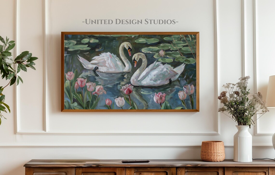 Spring Swan Oil Painting, Neutral Farmhouse Art - Image 4