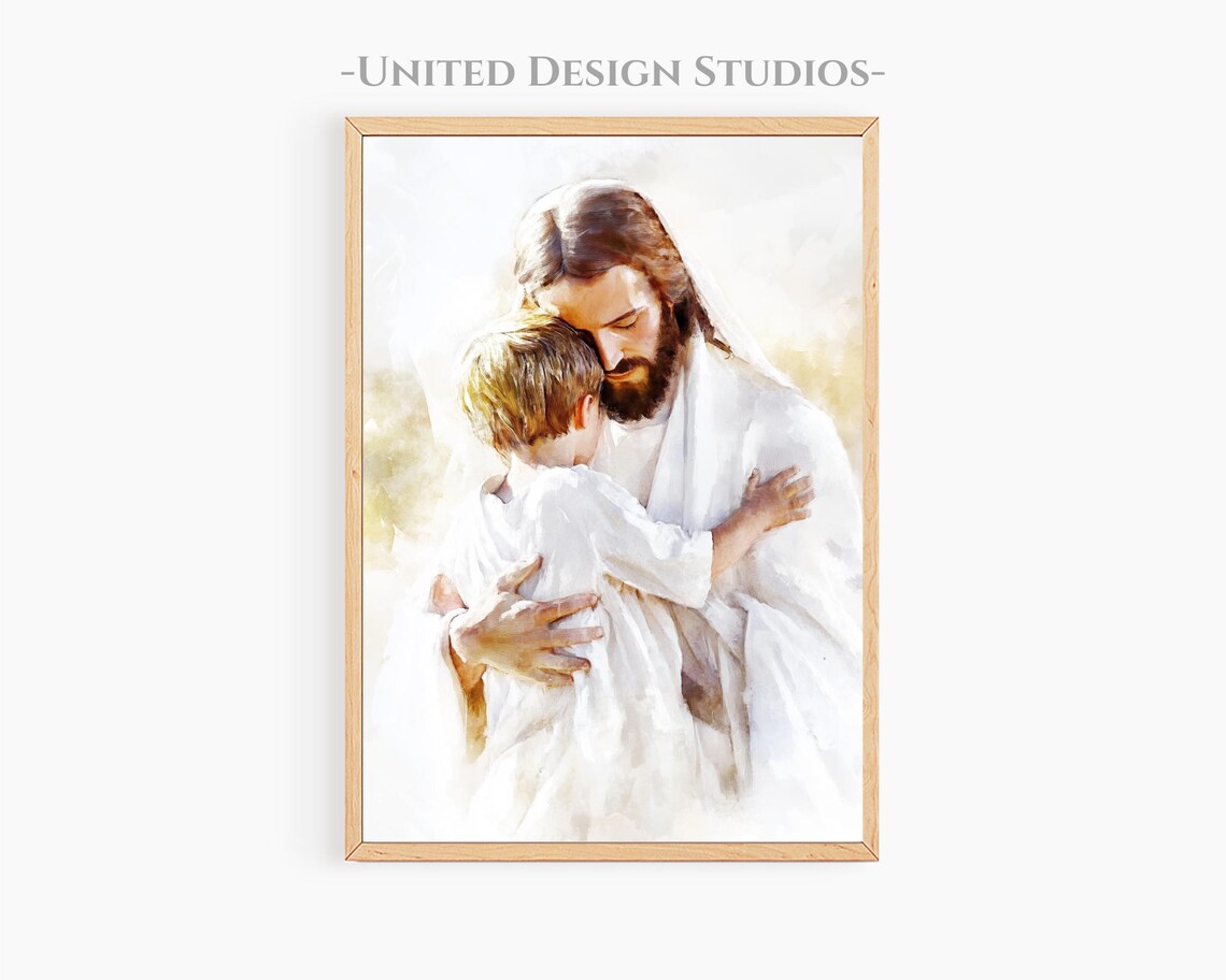 Jesus Holding Young Boy Close Watercolor Comfort Christian Faith Art Poster