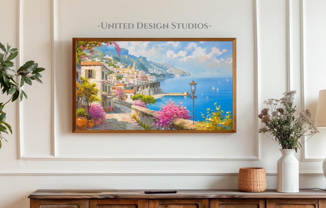 Amalfi Coast Village Painting Blue Sea Bougainvillea Italy Seaside View Poster - Image 4