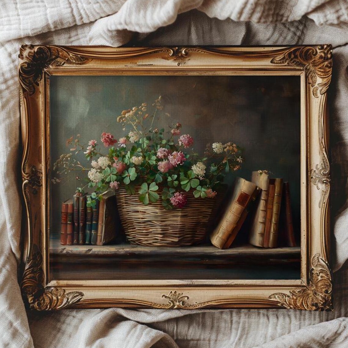 Clover and Wildflower Basket Resting Between Old Books Poster