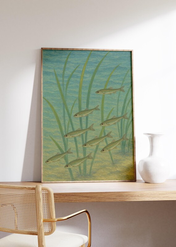 Minnow Wall Art Print Shallow Water Fish Poster Aquatic Nature Scene Gentle Blue Green Decor River Life Illustration Peaceful Artwork