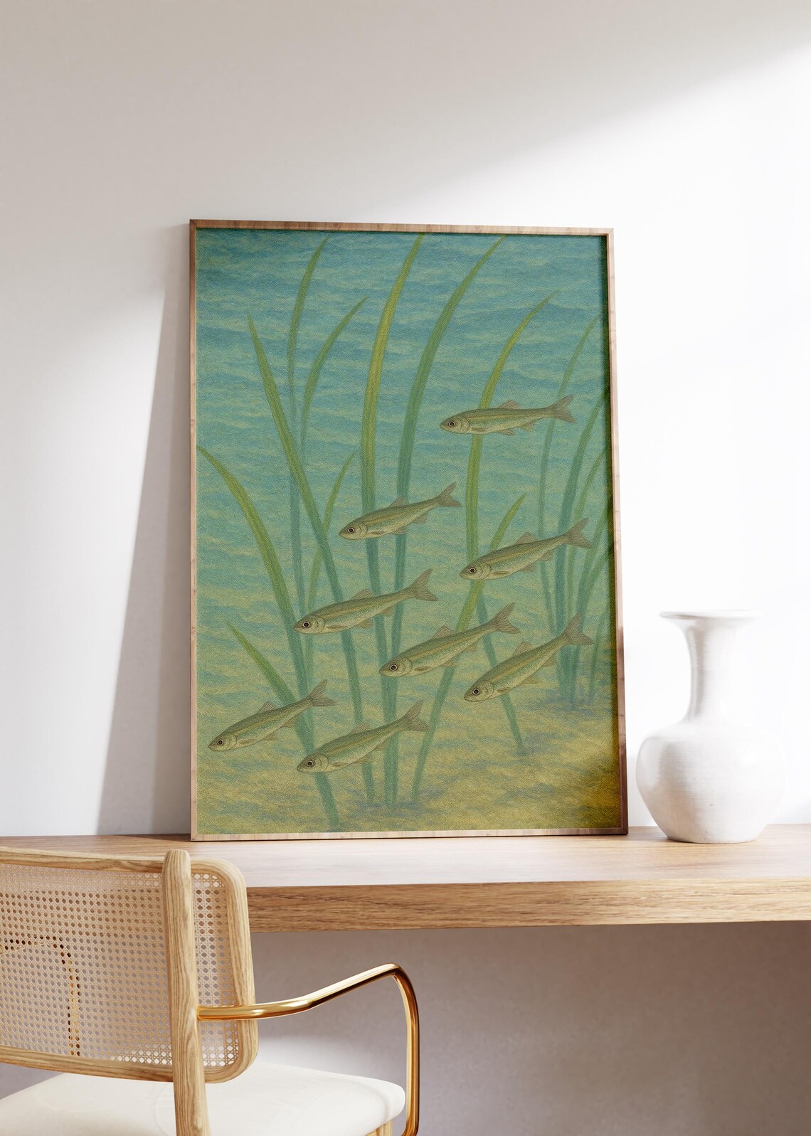 School of Minnows Swimming Among Green Reeds Underwater Poster
