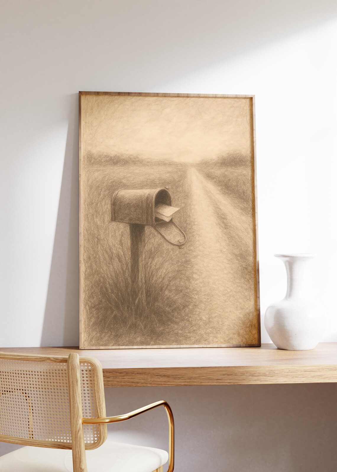 Old Mailbox On Country Road Sepia Sketch Rural Vintage Poster