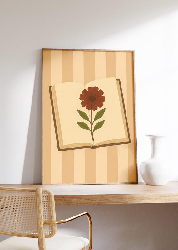 Pressed Flower Book Wall Art Print Vintage Tones Beige Stripes Botanical Charm Cozy Study Vibe Floral Bookish Illustration