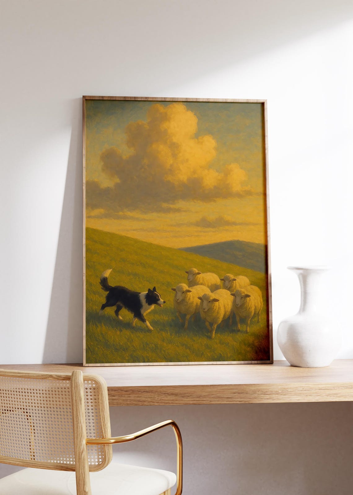 Sheepdog Herding Sheep on Golden Pasture at Golden Hour Poster