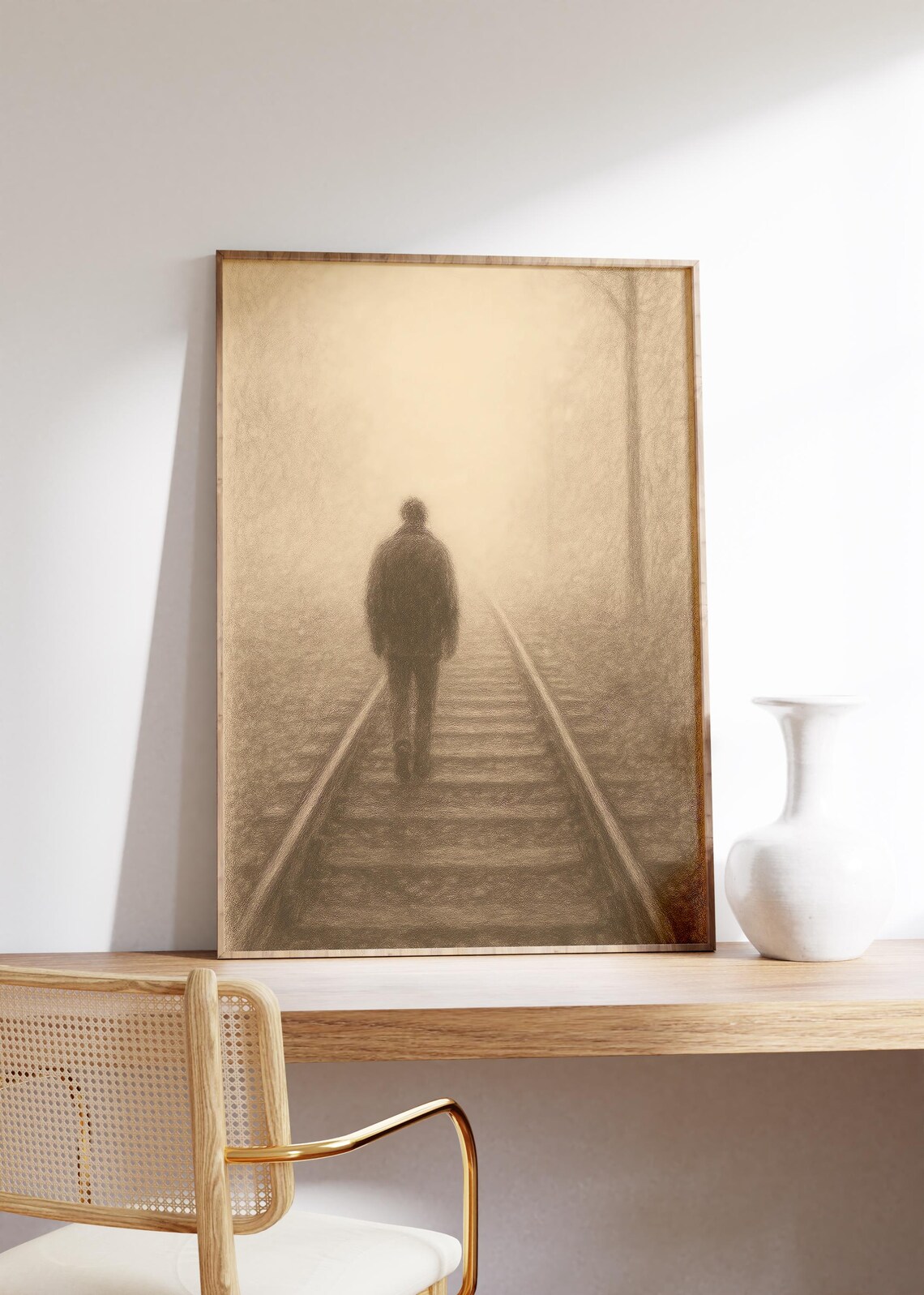 Lone Man Walking Railroad Tracks Into Fog Sepia Sketch Poster