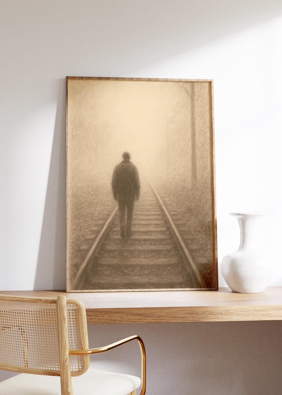Foggy Railway Walk Wall Art Print Sepia Sketch Moody Scene Path Pencil Figure Quiet Moment Soft Texture Reflective Decor