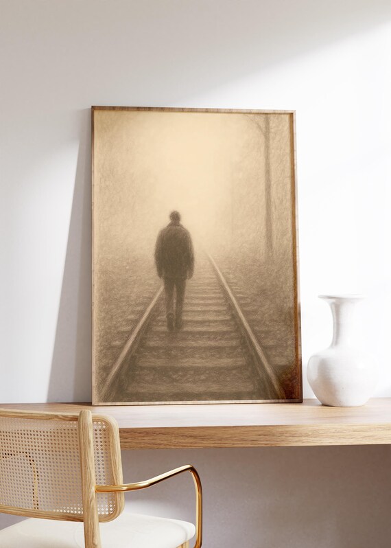 Lone Man Walking Railroad Tracks Into Fog Sepia Sketch Poster