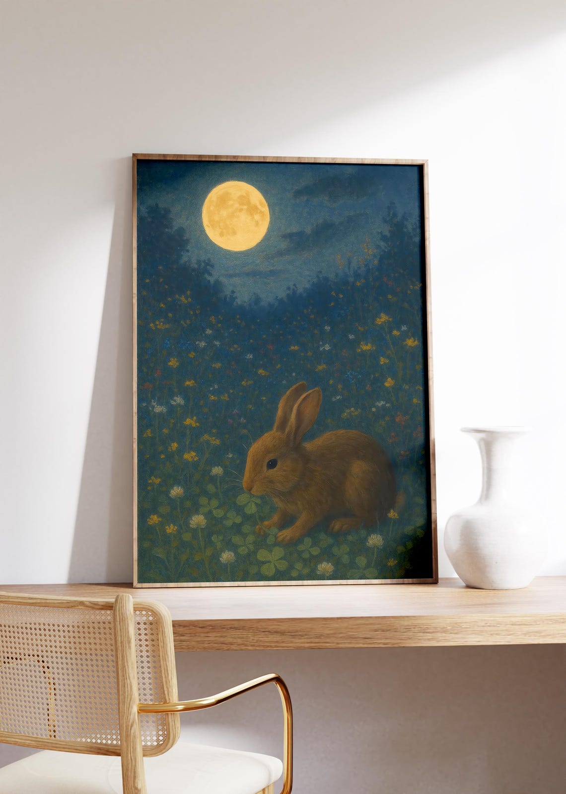 Brown Bunny in Moonlit Clover Meadow Under Full Moon Night Poster
