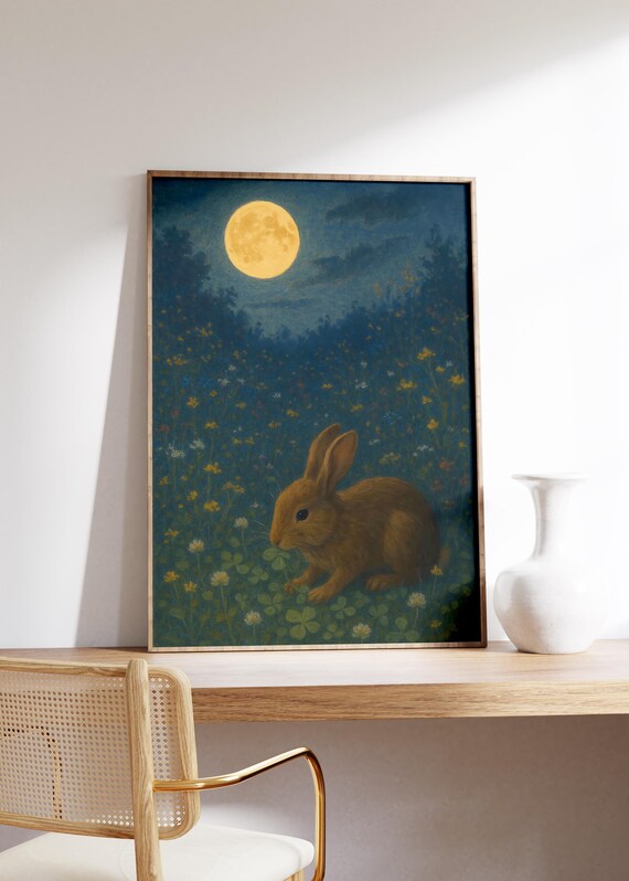 Brown Bunny in Moonlit Clover Meadow Under Full Moon Night Poster