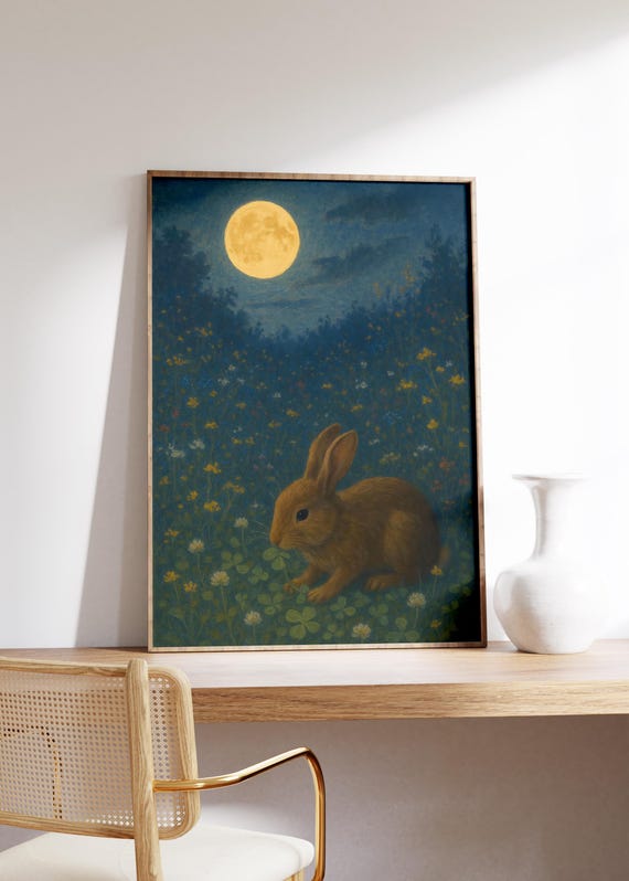 Moonlit Rabbit Wall Art Print Bunny In Clover Meadow With Wildflowers Full Moon Night Scene Peaceful Animal Decor Garden Nature Poster