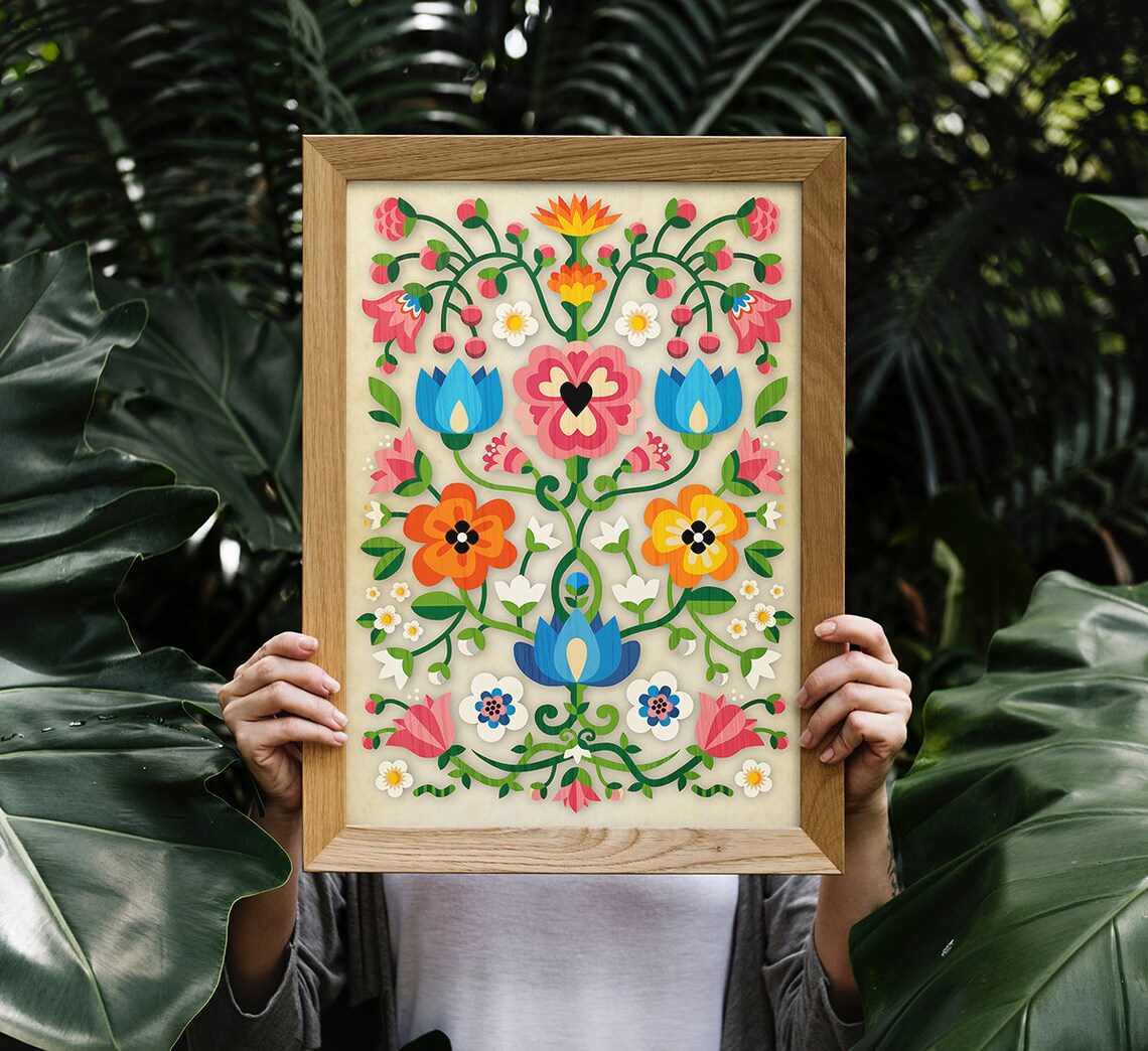 Mountain Flowers Folk Motif Art Print, Home Decor - Image 2