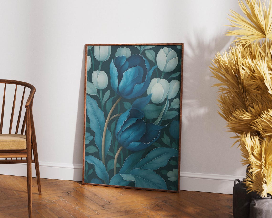 Dark Botanical Blue Floral Tulip Modern Moody Bloom Style Poster