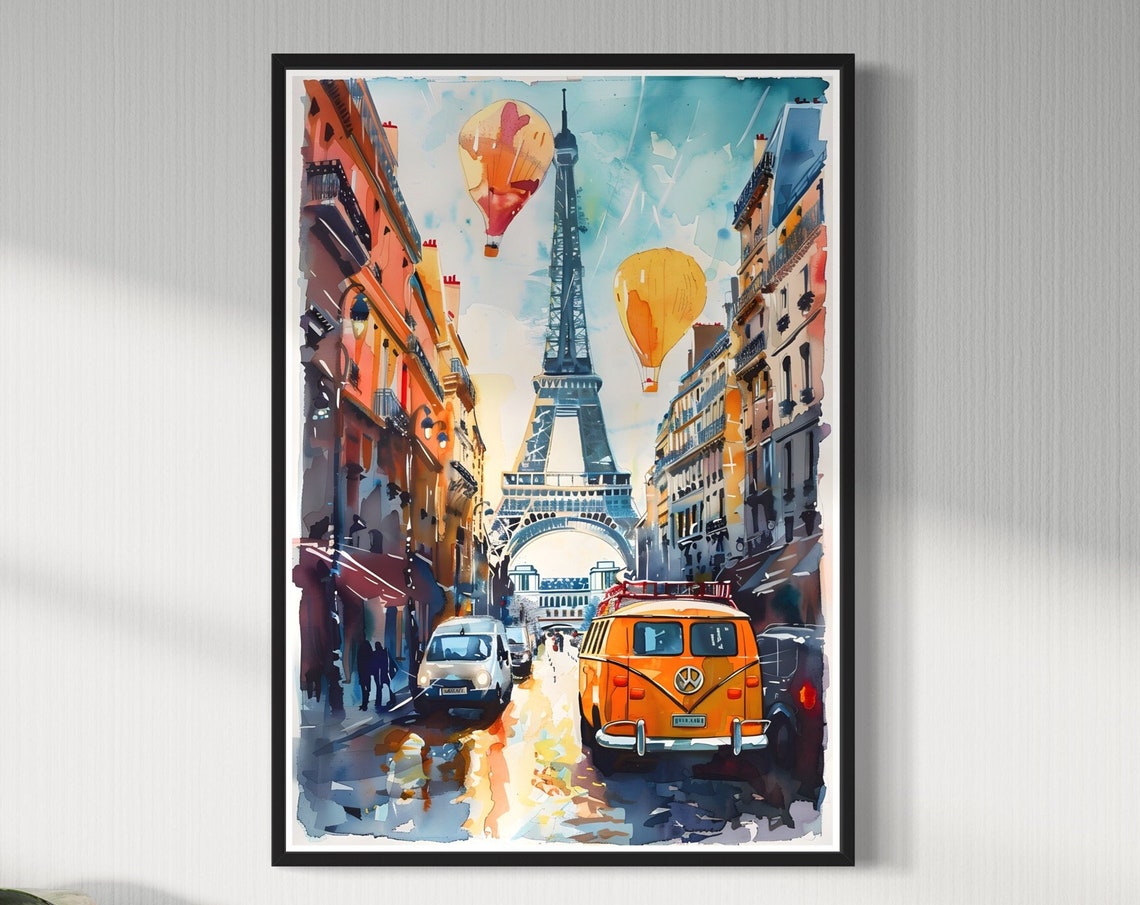 Eiffel Tower Art Print Watercolour Vintage Vw Van And Hot Air Balloons Painting Travel France Poster Paris Cityscape Wall Gift Souvenir